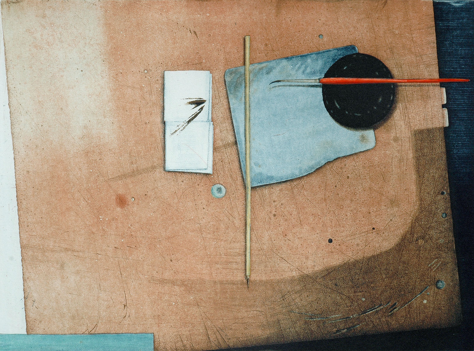 Helmut-Dohrmann-von-Hand-gedruckt-Kunstverein-Schieder-Schwalenberg_Spielfeld-Arbeitsplatz_2005_Farbradierung-von-3-Platten-handkoloriert_29,7x49,5cm